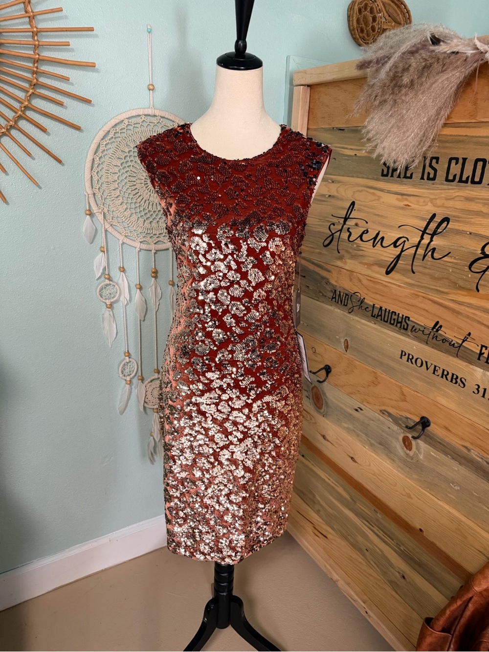 Vince Camuto Copper and gold Sequin Sheath Dress